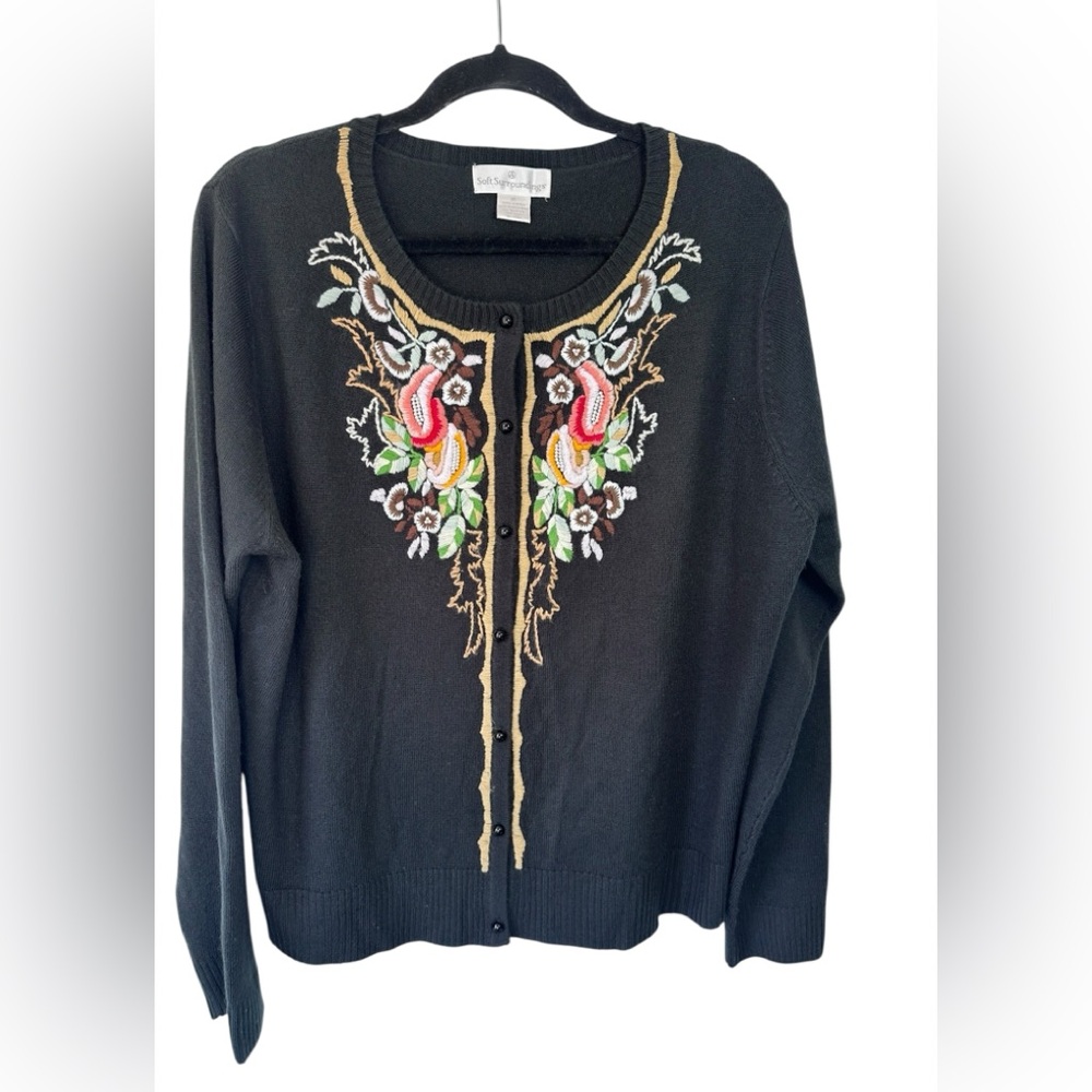 Soft Surroundings Floral Beaded Black Cardigan Size XL Soft Lightweight Preppy